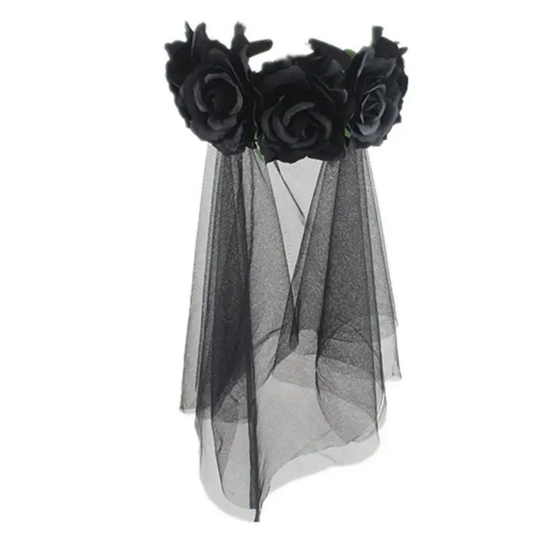 Womens Halloween Wreath Headband Handmade Fabric Rose Flower with Black Mesh Veil Tulle Crown Festival Day of The Dead Hair Hoop - Цвет: like pic
