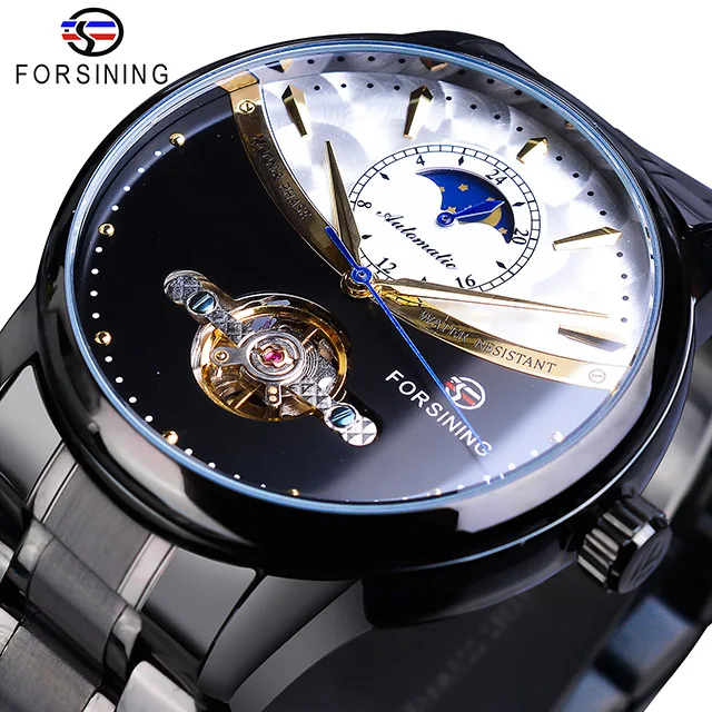 S1150-9 Forsining винтажные механические часы Мужские автоматические черные Tourbillon Moon Phase из нержавеющей стали ремешок деловые часы Relogio - Цвет: S1150-9