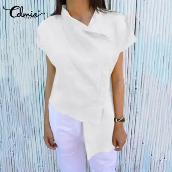 

Women's Blouses Summer Vintage Linen Cotton Tops Celmia Asymmetrical Short Sleeve Buttons Shirts Casual Loose Solid Work Blusas