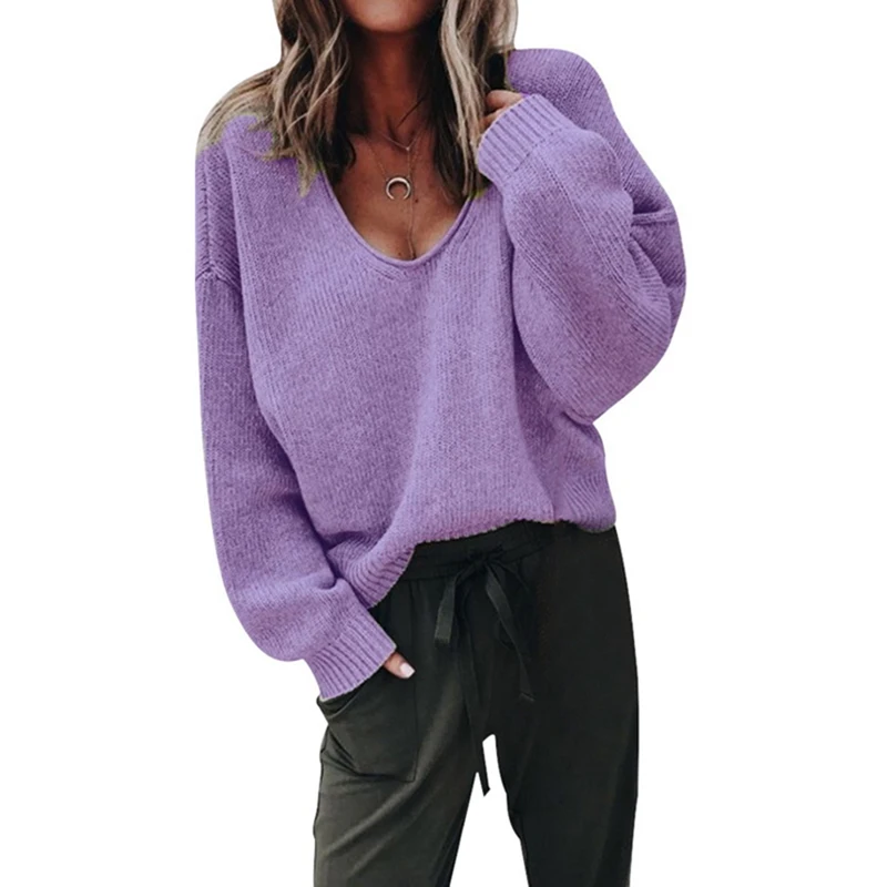 v-образный вырез, длинный рукав, пуловер, свитер, женский, свободный, однотонный, свитер, женский, осень, зима, теплый, Повседневный, вязанный топ, свитер - Цвет: Purple