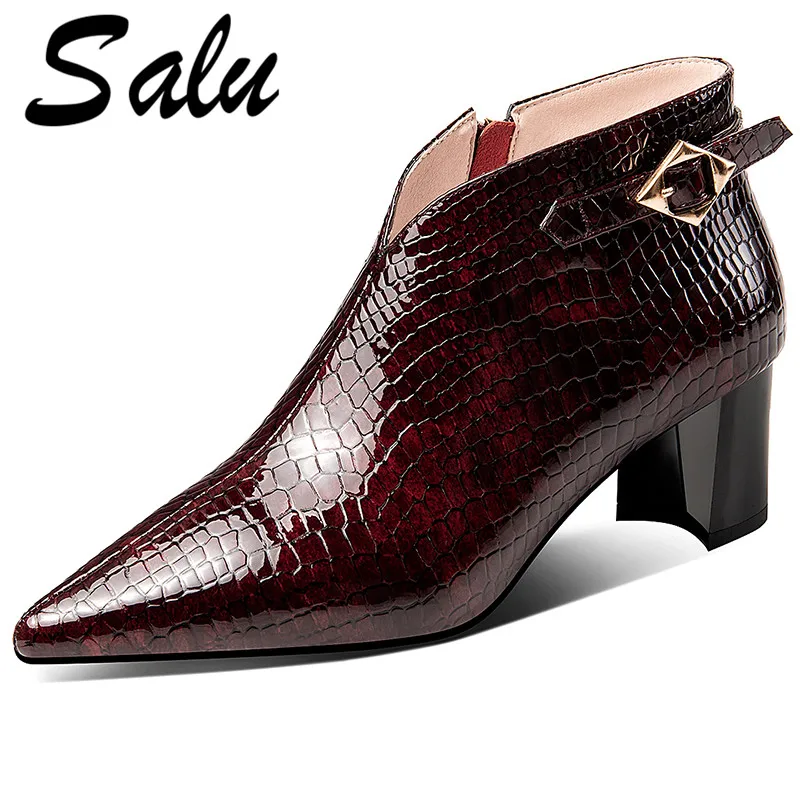

Salu Brand Spring Autumn Sexy Punk Zipper Shallow Women Boots Genuine Leather Pointed Toe High Heels Party Shoes Woman