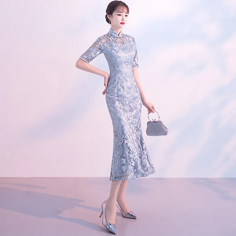 Кружевное китайское свадебное платье Cheongsam серого и синего цвета, женское тонкое китайское традиционное платье с коротким рукавом vestido chines, женское платье Qipao