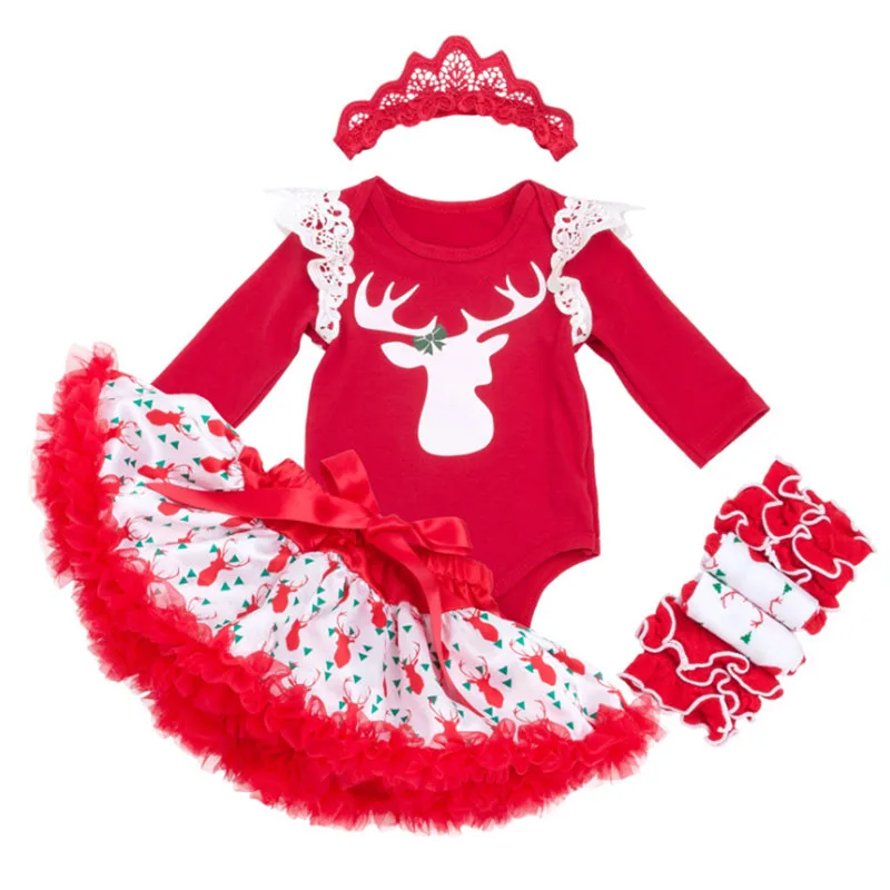 Рождественский комплект для новорожденных, Новогодняя одежда для новорожденных девочек, костюмы красная одежда с повязкой на голову, хлопковая юбка-пачка, наряд с лосями для снежной погоды - Цвет: 516 set 4pcs