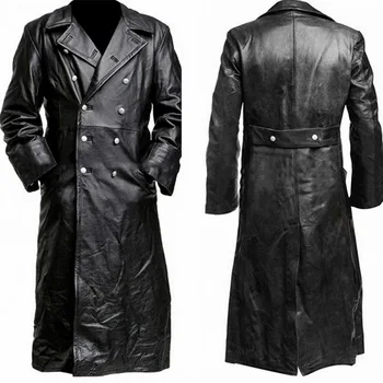 

2020 Autumn Winter Men's Military Uniform Black Artificial Leather Trench Coat