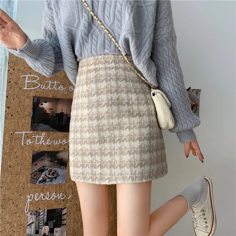 Woollen Plaid Skirts High Waist 