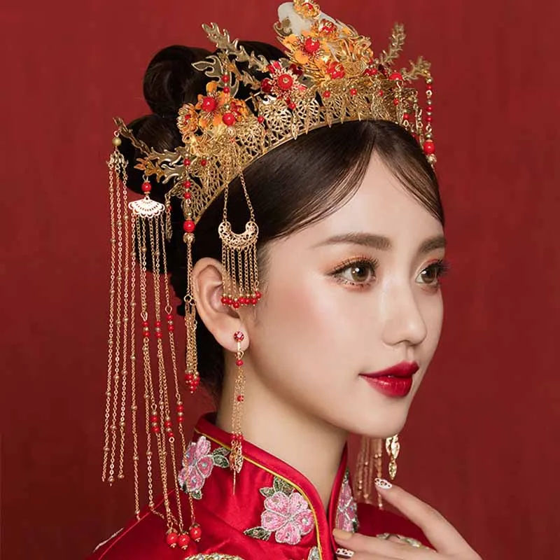 Retro Chinese Headdress Crown Headband Catwalk Stage Wedding Hair Accessories Pearls Beaded Tassel Tiaras Earring Hair Jewelry jewelry accessories hair accessory hair headdress bridal headwear hair band crown