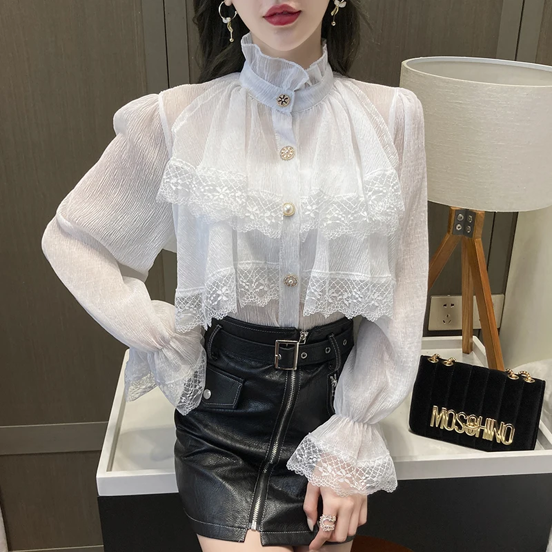 Victorian White Ruffles Stand Collar Lantern Sleeve Medieval Victorian Top Gothic Lolita Blouse Vintage Shirts Women Large Size lolita bowknot fake sleeve women girls knitted lace ruffles cuffs false sleeves y2k gothic fingerless detachable wrist warmer