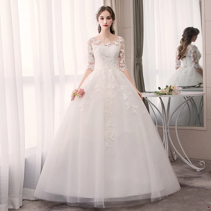 

Robe De Mariee Elegant White Wedding Dresses O-Neck Half Sleeve Lace Appliques Illusion Formal Bride Gowns Suknia Slubna 2019