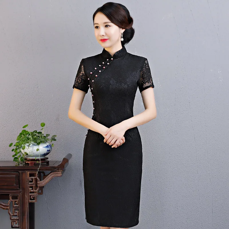 

Cheongsam Mid-length Autumn 2018 New Style Women's Chinese-style Slim Fit Slimming Daily Life Improved Lace Cheongsam Dress