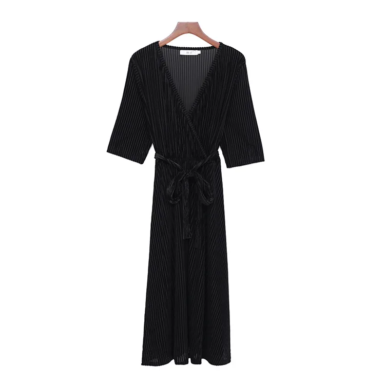Осеннее Новое Женское вельветовое Полосатое платье большого размера с v-образным вырезом повседневное женское платье с поясом плиссированные вечерние Vestido Robe Femme - Цвет: Black