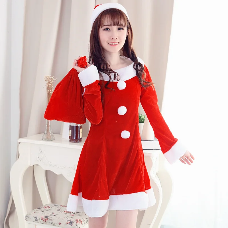 

Xmas Outfit 2019 Red Velvet Santa Claus Dress Women Christmas Costume Cosplay Party Clothes Female Long Sleeve Fancy Dress