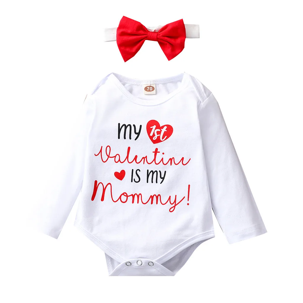 White 2 шт. боди+ повязка на голову для новорожденного, для малыша для маленьких мальчиков ползунки для девочек органов Love Mommy» ко Дню Святого Валентина футболка с надписью, с длинными рукавами, комплект одежды - Цвет: White