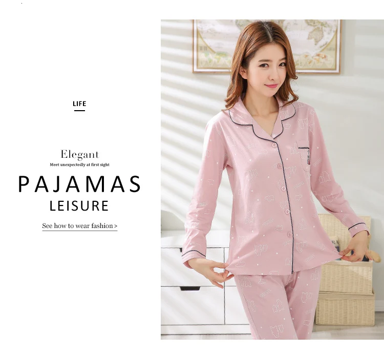 BZEL для женщин пижамы 2 шт. Хлопковая пижама с длинным рукавом Розовая домашняя одежда для отдыха Домашняя одежда сна Lounge Pyjama M-3XL