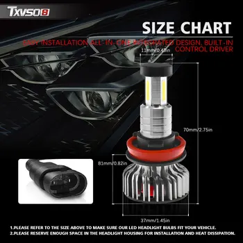 

1 Pair LED Headlight TXVSO8 X3 H8/H9/H11 Bulb Error Free 6000K White Lamp