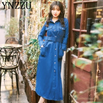

YNZZU European Style Vintage Long Denim Dresses Women 2020 Spring Single Breasted Pockets with Belt Female Jeans Dress AD383