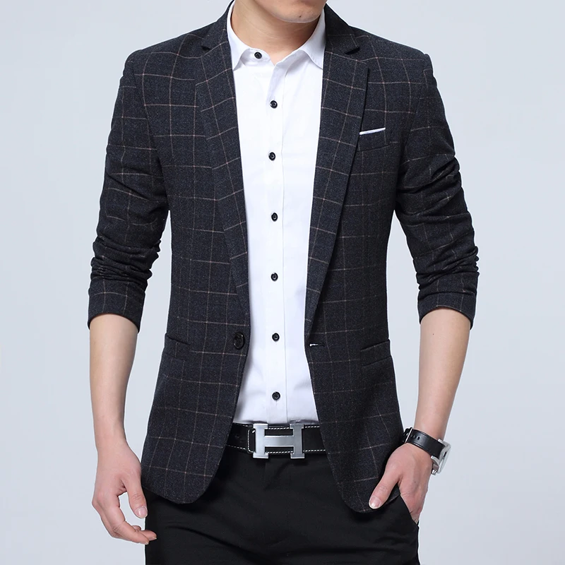 Spring Autumn New Men's Blazer Plaid Suit High Quality Fashion Trendy Slim Suit Business Casual Single Button Jacket