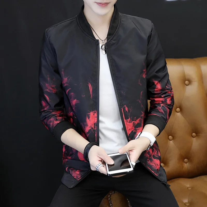 

2019 Autumn New Style MEN'S Jacket Youth Students Slim Fit Tops Thin Printed Stand Collar Jacket MEN'S Coat