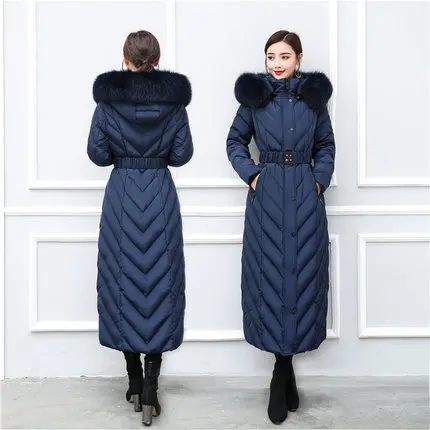

Fashion Winter Down Jacket Women Fox Fur Collar Slim Down Coat Female Long Parka Ladies Elegant Outwear Hood Hiver 18179