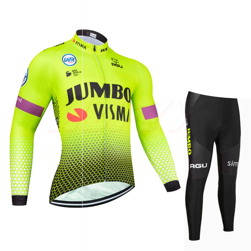 Флуоресцентный зеленый JUMBO VISMA мужские и женские велосипедные Джерси Длинные комплекты Зимние флисовые теплые MTB Ropa Ciclismo комбинезон