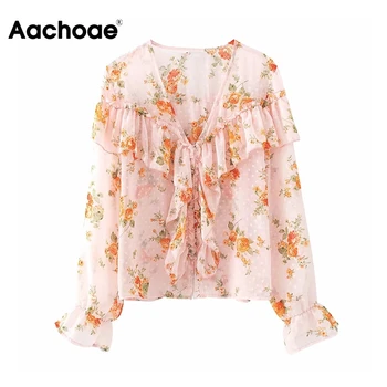 

Sweet Women's Blouses Floral Print Ruffles Chiffon Blouse Casual Spring Summer Deep V Neck Long Sleeve Top Feminina Blusas