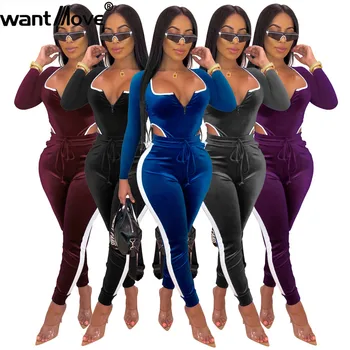 

5 Colors 2019 new women plus size jumpsuits Wantmove sexy splice long sleeve waist hollow out bodycon casual jumpsuit WM1060