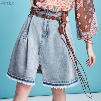 

ARTKA 2020 Spring Summer New Women Skirt Vintage Indie Folk A-line Denim Skirt Fashion Loose Split Skirts Women QN20002C