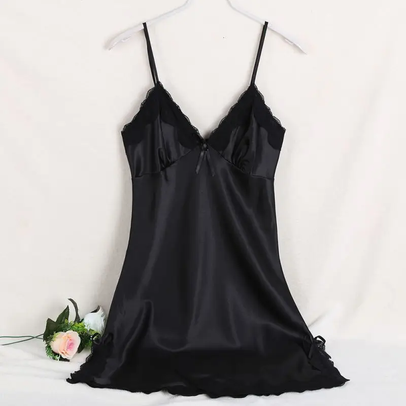Женский пикантный Шелковый Атласный ночной платье без рукавов с v-образным вырезом кружевная ночная рубашка халаты для женщин
