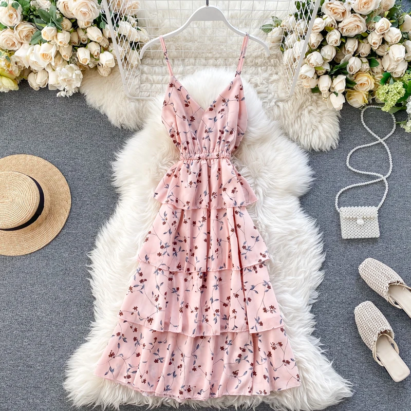 Maxi Dress Hot Sale Real Autumn Jacquard New 2020 Korean Small Fresh Floral Goddess Sexy Suspender Waist Ruffle Holiday | Женская одежда