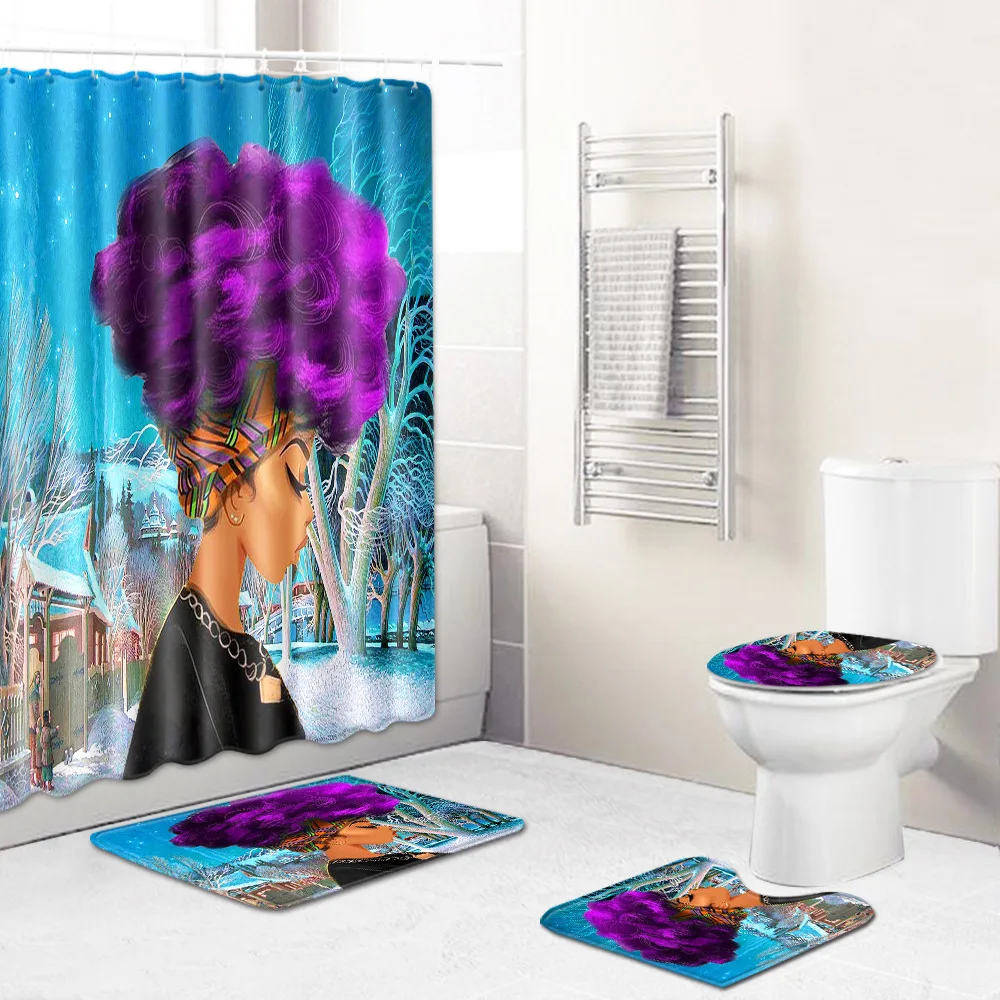 Bath Mat Set 4pcs African Woman Polyester Shower Curtain Set Non Slip Rugs Carpet for Bathroom Toilet FlannelJ190901