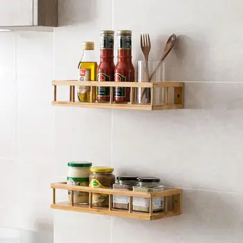 

Wood Wall Mounted Storage Rack Shlves Kitchen Spice Rack Organizer Seasoning Holder Bathroom Shelf Shower Caddy Home Decoration