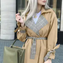 Куркума элегантный Тренч хаки Пальто осеннее зимнее пальто женское повседневное клетчатое длинное пальто винтажная прошитая верхняя одежда офисное пальто