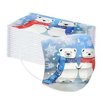

50pcs Polar-bears Print Masks Unisex Adult Christmas Facemask Disposable 3 Layer Earring Mask Breathable Protective Mascarilla