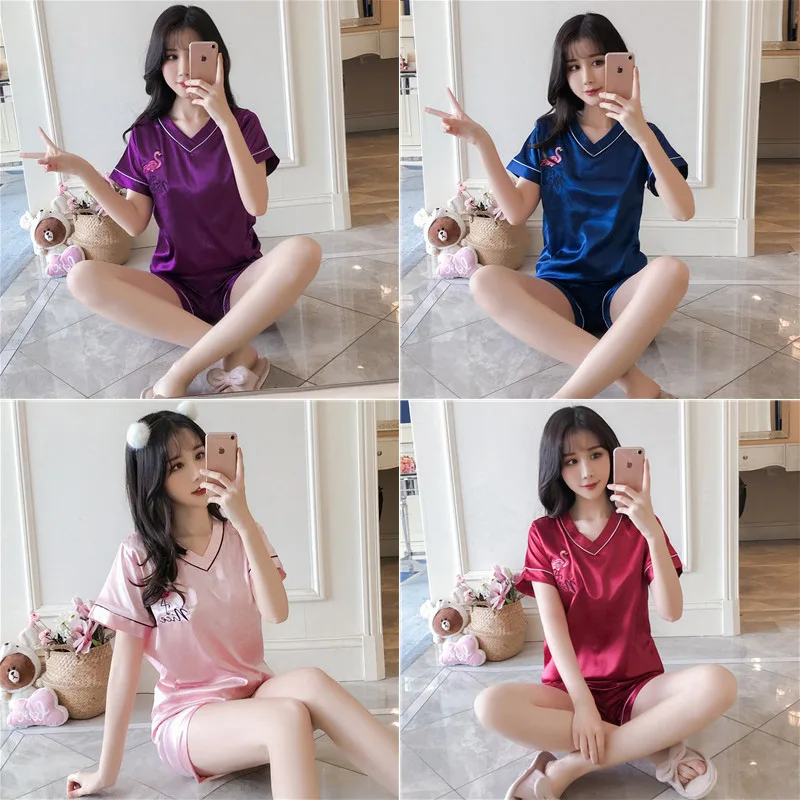 

According to Feminine Pajamas Women's Summer Short-sleeved Korean-style Casual Sexy Thin Imitated Silk Fabric Home Wear Two-Piec