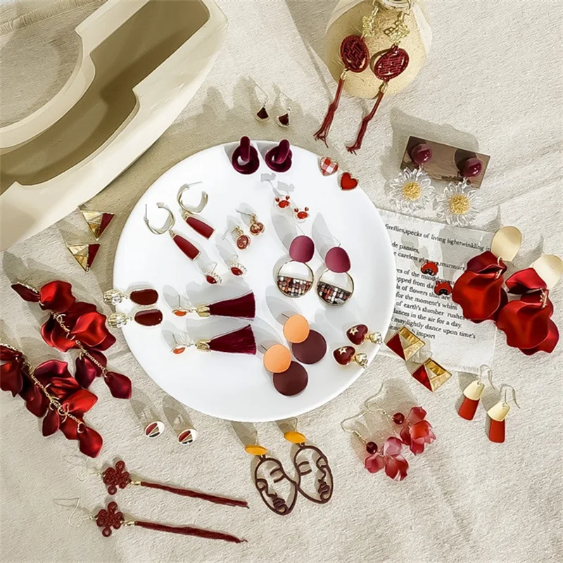 Korea Fashion Flower Geometry Heart Shape Head Acrylic Round Long Tassel Pendant Earrings Trend Simple Red Sexy Woman | Украшения и