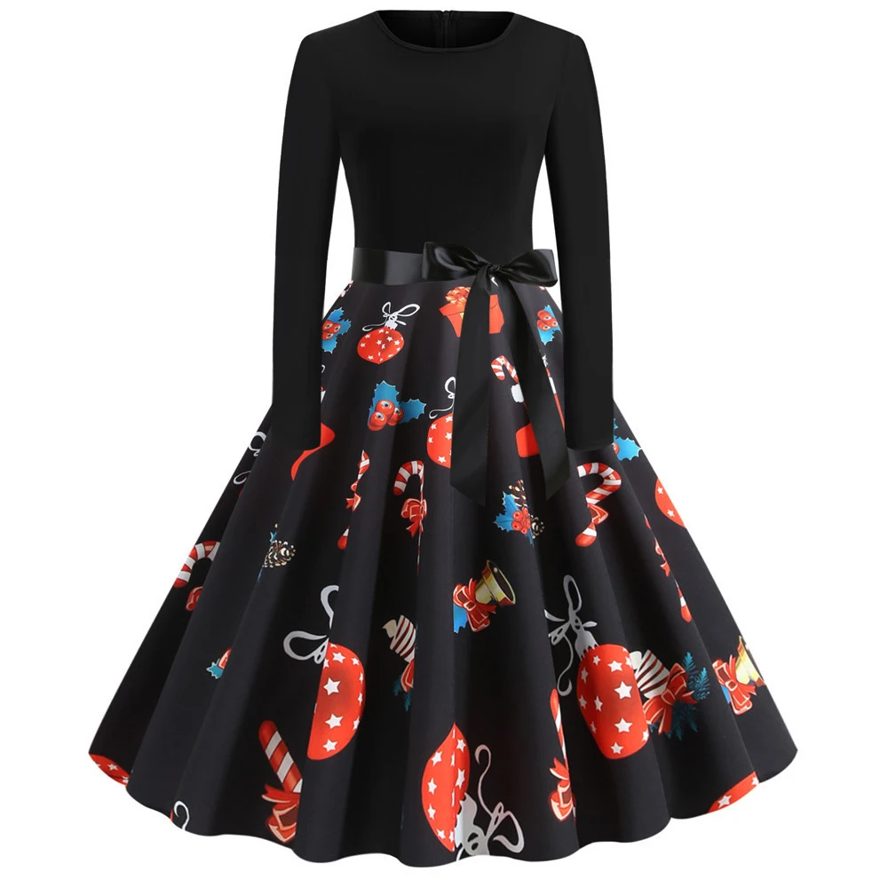 

Joineles Long Sleeves Autumn Christmas Print Women Retro Dress Round Neck 6 Colors High Waist Belts Vintage Dress Vestidos Femme