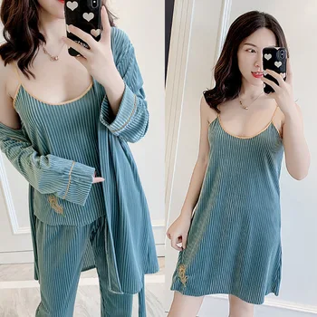 

4PCS Pajamas Suit Flower Women Blue Velour Sleep Set Home Clothing sexy Long Sleeve Autumn Winter Nightwear Bathrobe Gown