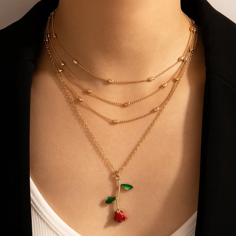 Red Roseflowers Pendant Necklace 