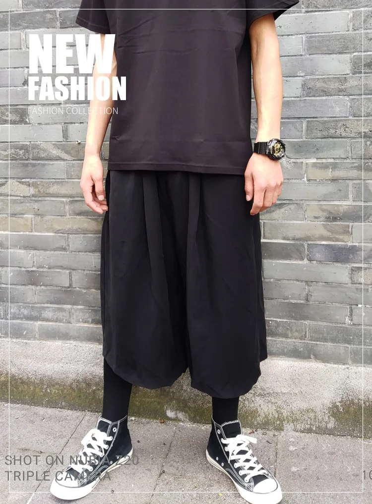Style Culottes Loose Large Size Shorts Summer Casual Pants Men's and Women's Dark Black Wide Leg Cropped | Мужская одежда