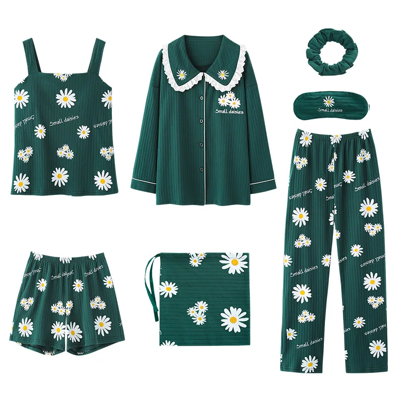 

XIFER Autumn Knitted Cotton Pajamas for Female Students Korean Youth Sunshine and Comfortable Home Service Seven-piece Suit