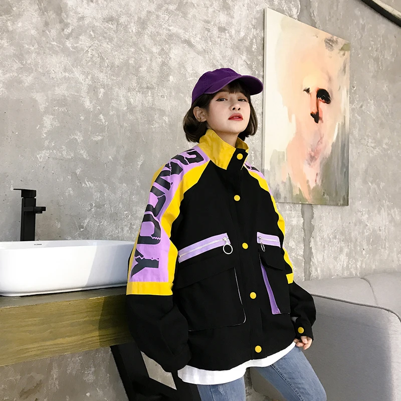 Мода письмо печати Harajuku случайный белый черный корейской версии бойфренда супер большой свободная куртка осенняя куртка женская куртка женская