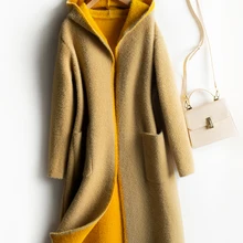 Осенняя и зимняя водонепроницаемая куртка, Женская Длинная шерстяная куртка с капюшоном, Золотое бархатное двухстороннее пальто с длинными рукавами, Женское пальто большого размера