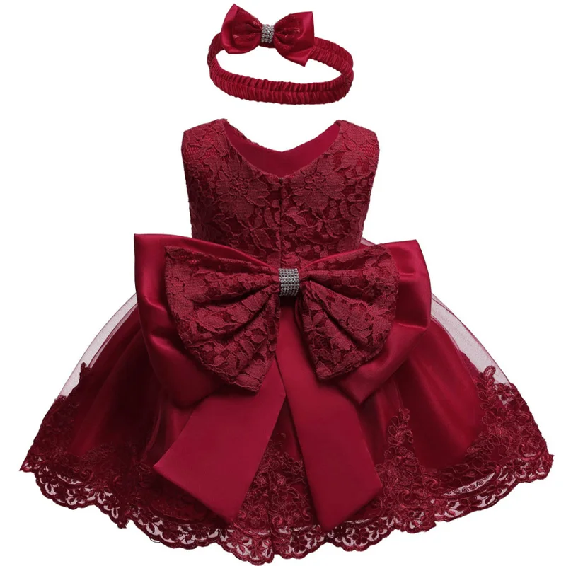 Новое кружевное свадебное платье для девочек хлопковые Вечерние платья на крестины для маленьких девочек, платье на день рождения для маленьких девочек 1 год - Цвет: wine red
