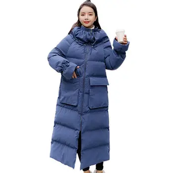 

Down Cotton Jacket Women Long Parka Coat Loose Oversize Winter Jacket Female Warm Thicken Pocket Long Sleeve Coat Padded Q1847