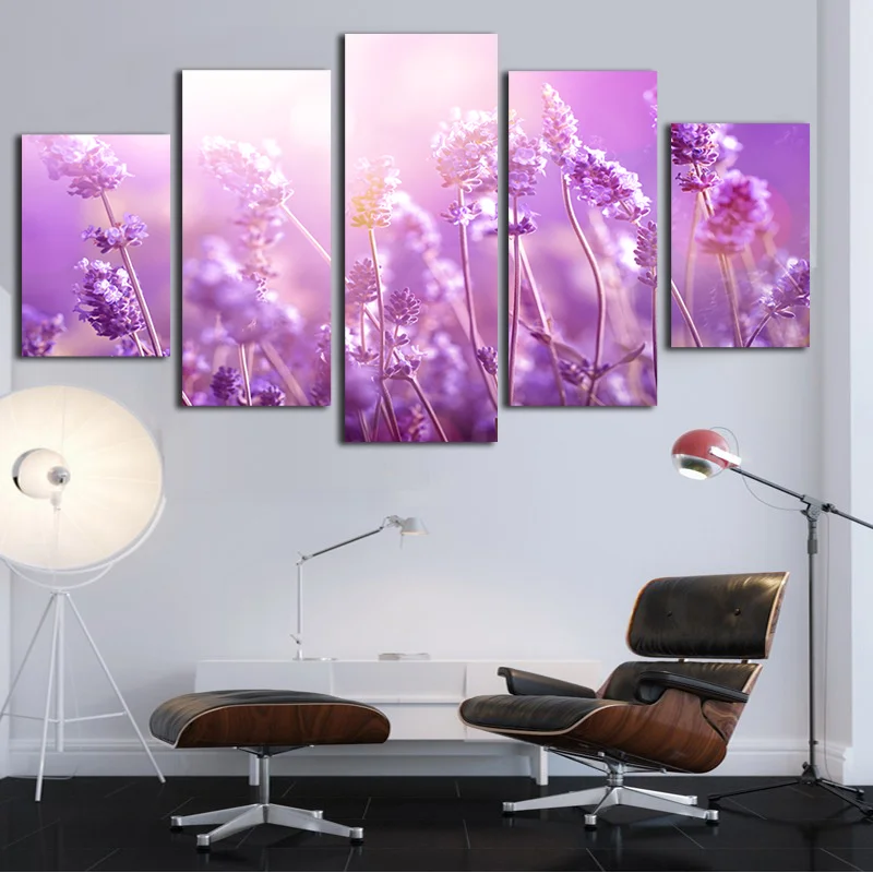 

5 Pieces Purple Lavender Sunshine Landscape Modern Canvas Painting Framework Printed Wall Art Pictures Poster Room Home Decor
