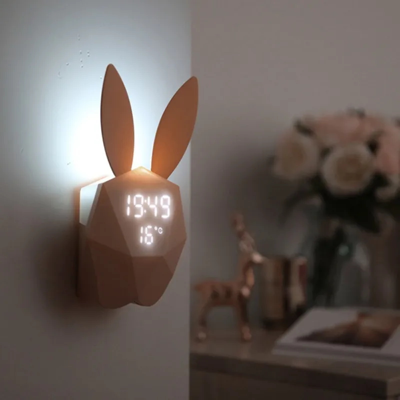 

Hot LED Sound Night Light Thermometer Rechargeable Table Wall Clocks Cute Rabbit Shape Digital Alarm Clock For Home Decoration
