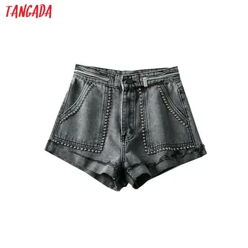 

Tangada women summer rivet denim shorts high waist pockets female casual streetwear black blue short jeans pantalone 2A02