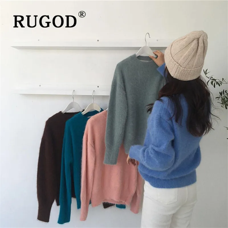 RUGOD, новые зимние теплые свитера, пуловеры для женщин, шерстяной вязаный свитер с круглым вырезом, модные женские корейские однотонные повседневные топы