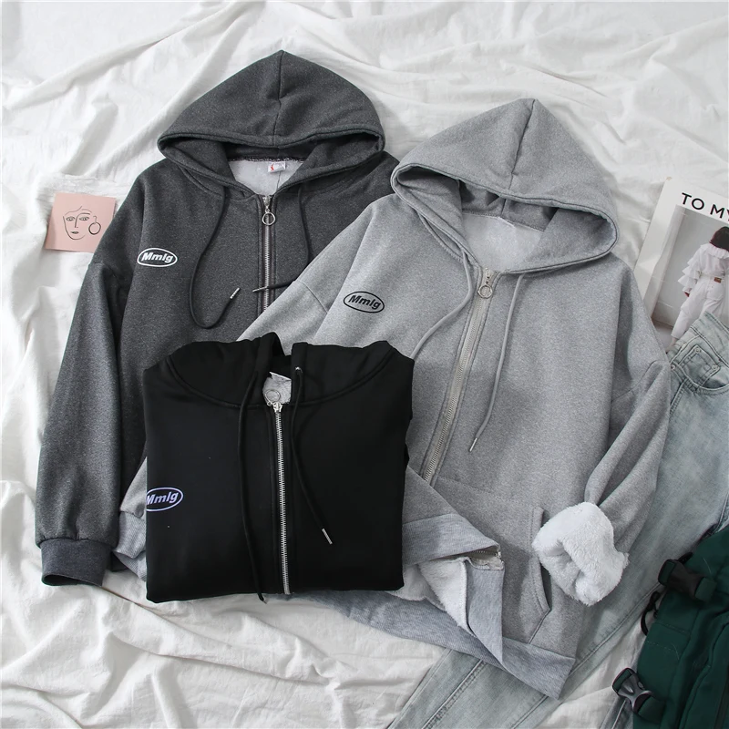 

Thick Zip Up Hoodie Winter Clothes Women Plus Velvet Thick Hooded Sweatshirts Zipper Hood Sweatshirt Drawstring Pocket Tracksuit