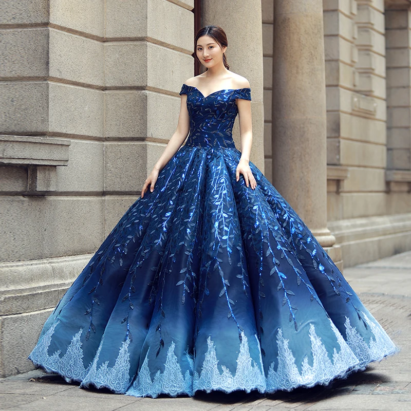 Синее Пышное Платье принцессы из тюля с блестками и кружевами, украшенные бисером Длинные вечерние Роскошные вечерние платья торжественное платье реальные фотографии RS14