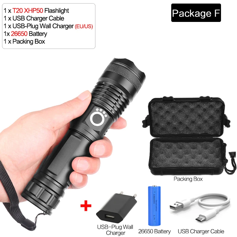 Package F Super Bright XHP70.2 LED Flashlight Zoomable Torch USB Rechargeable Flashlight XHP50 LED Torch Portable Use 18650/26650 Battery - Испускаемый цвет: Package F